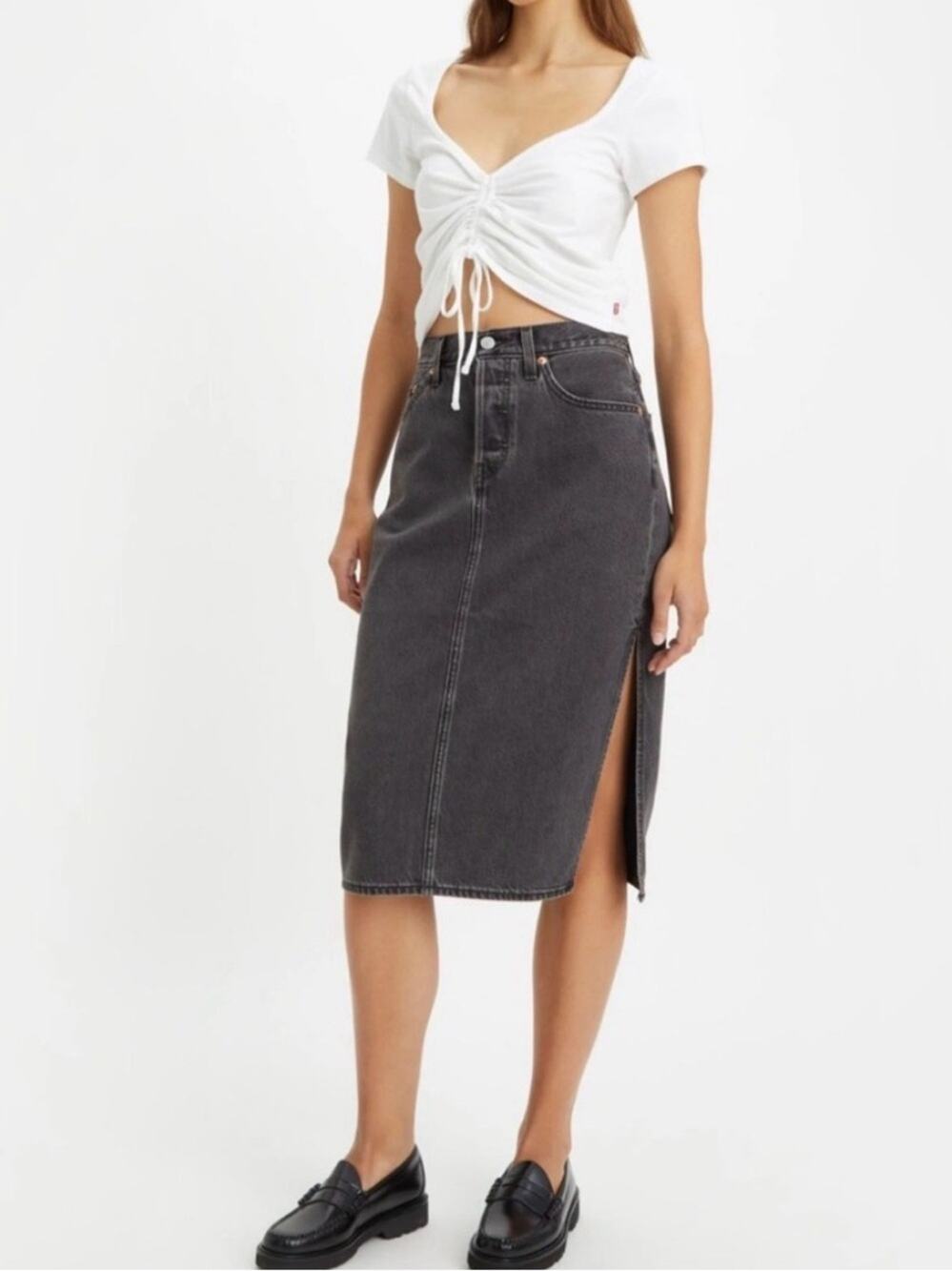 UEC LEVI'S DENIM Side Slit Midi Skirt WASHED BLACK GREY DENIM JEAN SKIRT SZ 27